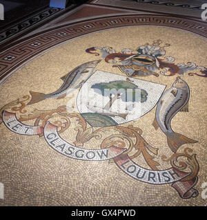 Coat of arms of Glasgow, mosaic flooring in City Chambers, in Glasgow, Scotland. Stock Photo