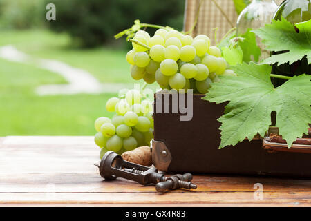 White grape and bottles of wine on wooden table in sunny garden with copy space for your text Stock Photo