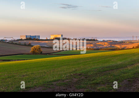 Hinkley point A station to left, B station to right. Groundworks for Hinkley point C in front of existing stations. Sept 2016 Stock Photo