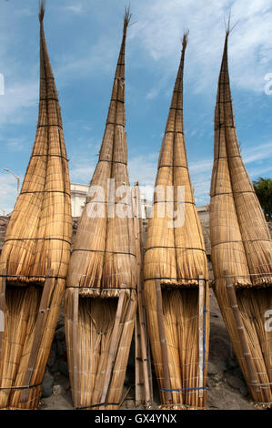 Huanchaco beach, Caballitos de Totora, Reed Boats, near Trujillo city, La Libertad, Peru Stock Photo