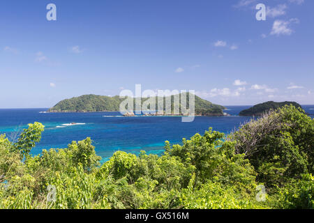 view of Goat Island from Speyside, northern Tobago, showing Caribbean sea and ocean and forest Stock Photo