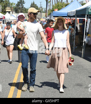 Summer Glau and husband Val Morrison take their daughter Milena Jo Morrison to the Farmers Market  Featuring: Summer Glau, Val Morrison, Melina Jo Morrison Where: Los Angeles, California, United States When: 19 Jun 2016 Stock Photo