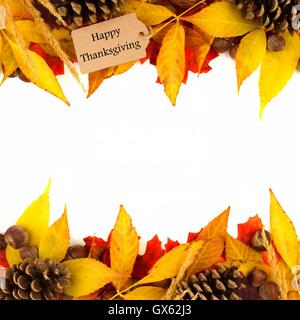 Happy Thanksgiving gift tag with double border of colorful leaves and ...