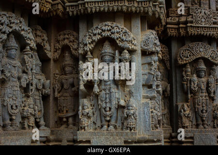 Shrine wall relief sculpture follows a stellate plan in the Chennakesava temple at Somanathapura, Karnataka, India,Asia Stock Photo