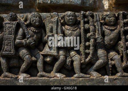 Deity sculpture under eves on shrine outer wall in the Chennakesava temple at Somanathapura, Karnataka,India, Asia. Stock Photo