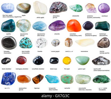 various polished gemstones with names isolated on white background Stock Photo
