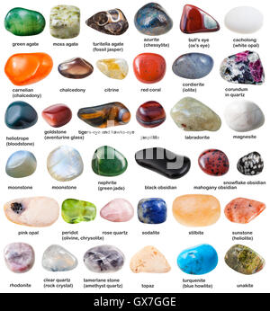 collection of various tumbled gemstones with names isolated on white background Stock Photo