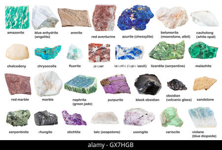 collection from various raw decorative gemstones and minerals with names isolated on white background Stock Photo