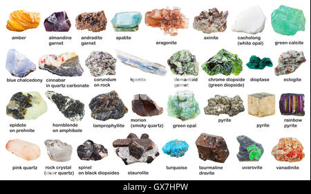 set from various raw gemstones and crystals with names isolated on white background Stock Photo