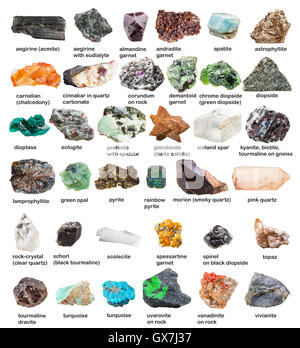 collection from raw gemstones and crystals with names isolated on white background Stock Photo