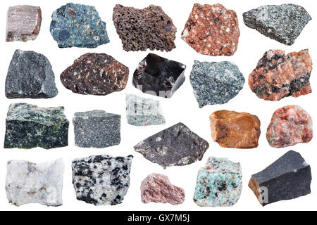 collection of Igneous rock specimens - pegmatite, trachyte, tuff, orthoclase, rhyolite, nepheline, syenite, andesite, dacite, ca