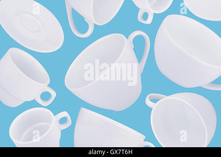 horizontal abstract pattern with white coffee cups on blue background Stock Photo
