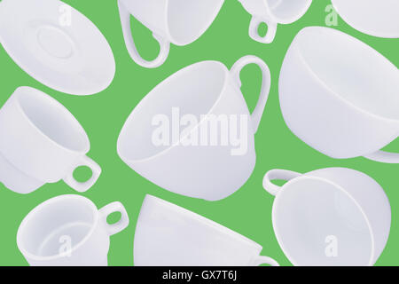 horizontal abstract pattern with white coffee cups on green background Stock Photo