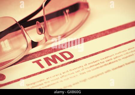 TMD - Printed Diagnosis on Red Background. 3D Illustration. Stock Photo