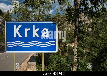 A road sign indicating the Krka River seen at Roski Slap. Krka National Park, Sibenik-Knin County, Dalmatia, Croatia. Stock Photo