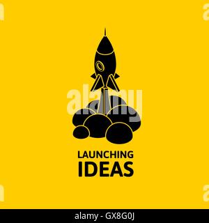 Black rocket and cloud, icon in flat style isolated on yellow background, vector illustration Stock Vector