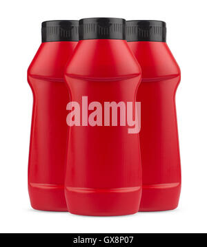 Front view of three ketchup blank plastic bottles on white background Stock Photo