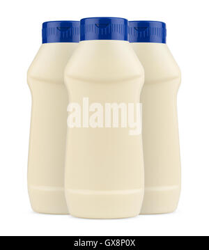 Front view of three cream mayonnaise plastic bottles with no label and blue cap on white background Stock Photo