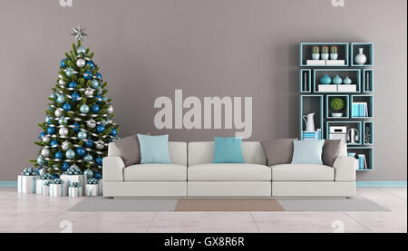 Contemporary Living room with Christmas tree,sofa and bookcase on wall - 3d rendering Stock Photo
