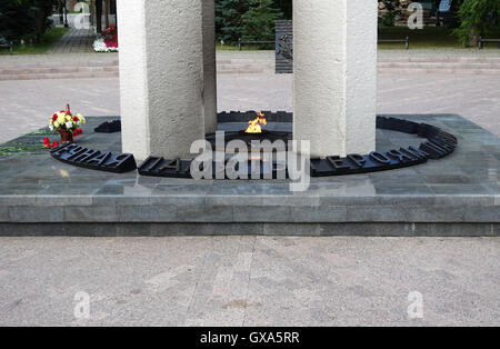 Eternal flaming in Memorial complex “Salute, Pobeda!” open-air museum located in the Frunze Park in Orenburg city. Stock Photo