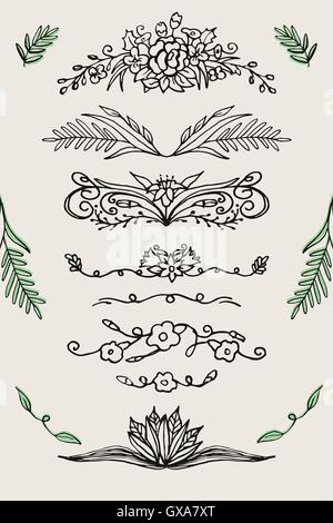Hand drawn floral elements. Set of decorative branches for text, invitation or print. Original leafs and branch collection sketc Stock Vector