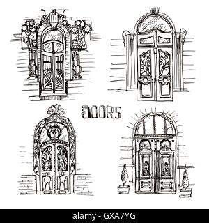 Hand drawn illustration of different old doors. Sketch style vintage doors. Unique and beautiful door collection on the white ba Stock Vector