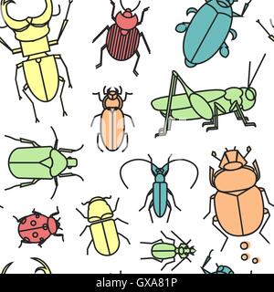 Seamless pattern with cute linear bugs and insects. Grasshopper, ladybug, scarab, stag beetle and other insects. Stock Vector