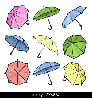 Cute colorful autumn set of umbrellas. Different hand drawn vector umbrellas on the white background. Collection for design. Stock Vector
