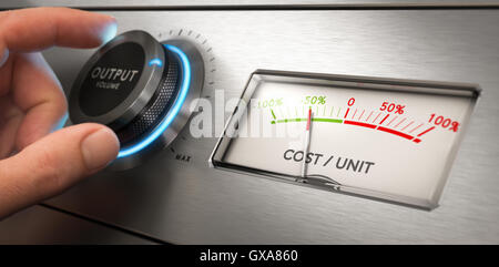 Hand turning a knob with output volume text written on it, with the consequence of a cost per unit reduction. Composite image be Stock Photo