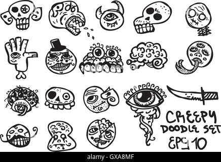 Creepy doodles set. Contains hand drawn pictures of skulls, heads, brains, and creepy faces Stock Vector