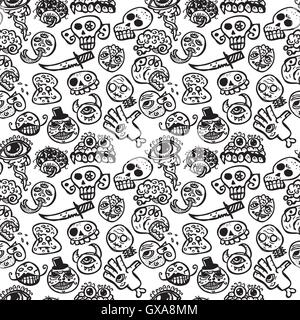 Creepy doodles - seamless vector pattern. Contains hand drawn pictures of skulls, heads, brains, and creepy faces Stock Vector