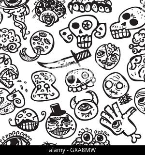Creepy doodles - seamless vector pattern. Contains hand drawn pictures of skulls, heads, brains, and creepy faces Stock Vector