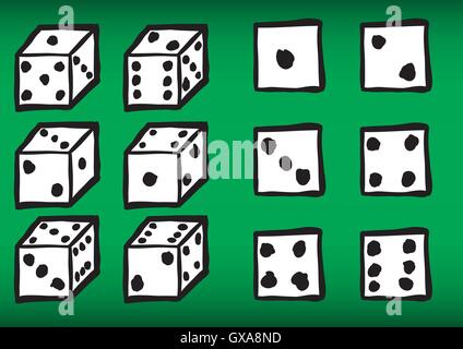 Vector set of hand drawn playing dice. Vector file contains outline and fill layers. Black and white Stock Vector