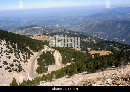 access road to the summit of Mount Ventoux view from the top with the bottom in landscape Stock Photo