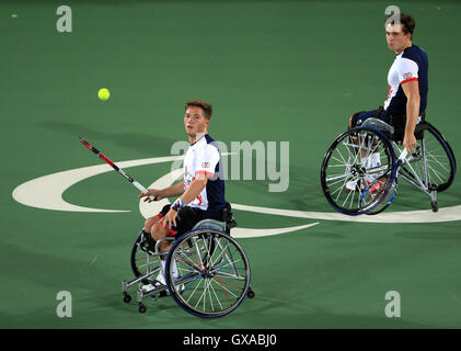 (left-right) Great Britain's Alfie Hewett and Gordon Reid compete in the Men's Doubles Gold Medal Match during the eighth day of the 2016 Rio Paralympic Games in Rio de Janeiro, Brazil. Stock Photo