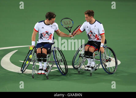 (left-right) Great Britain's Gordon Reid and Alfie Hewett compete in the Men's Doubles Gold Medal Match during the eighth day of the 2016 Rio Paralympic Games in Rio de Janeiro, Brazil. Stock Photo