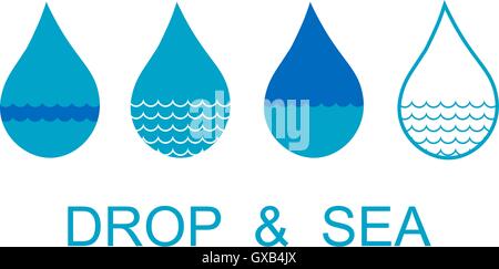 Four blue and turquoise drops with waves set Stock Vector