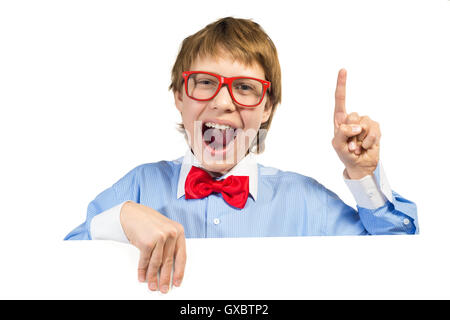 boy with glasses holding a white placard Stock Photo