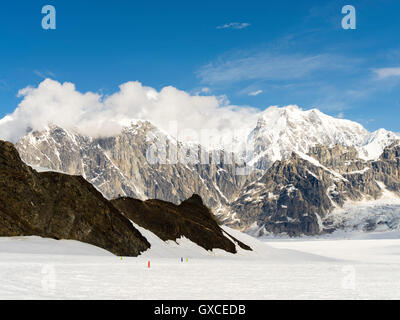 View of Denali (Mt. McKinley) and the Alaska Range from the Ruth Glacier on a sightseeing flight from Talkeetna, Alaska. Stock Photo