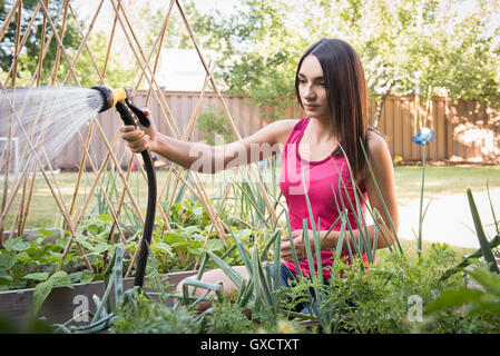 Young woman water plants in garden with garden hose Stock Photo