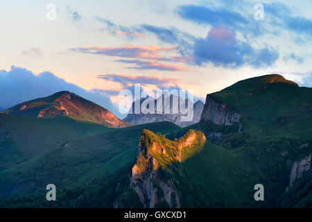 Landscape of Acheshboki mountains in background, Bolshoy Thach Nature Park, Caucasian Mountains, Republic of Adygea, Russia Stock Photo
