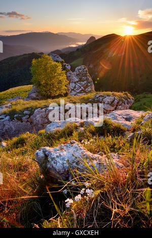 Landscape with rocks at sunset, Bolshoy Thach (Big Thach) Nature Park, Caucasian Mountains, Republic of Adygea, Russia Stock Photo