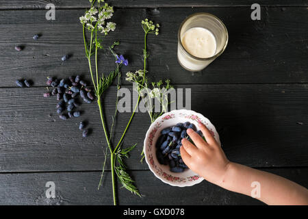 Overhead view of boys hand picking up berries from bowl Stock Photo