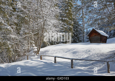 Log cabin by trees on snow covered landscape, Elmau, Bavaria, Germany Stock Photo