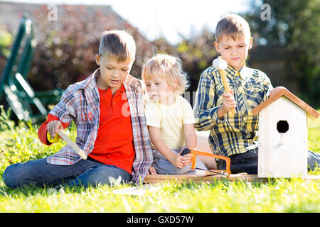 Kids brothers making nesting box together Stock Photo