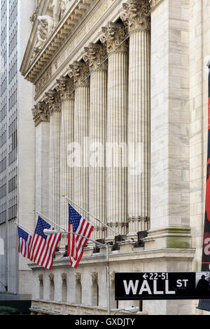 Wall street sign in New York with New York Stock Exchange background Stock Photo