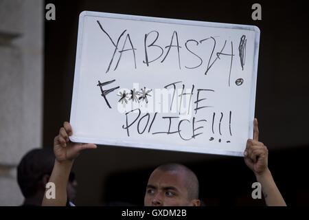 Activists gather outside the Los Angeles police department headquarters to protest the shooting of Alton Sterling in Baton Rouge  Featuring: Atmosphere Where: Los Angeles, California, United States When: 13 Jul 2016 Stock Photo