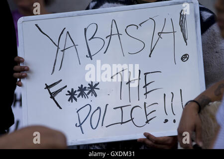 Activists gather outside the Los Angeles police department headquarters to protest the shooting of Alton Sterling in Baton Rouge  Featuring: Atmosphere Where: Los Angeles, California, United States When: 13 Jul 2016 Stock Photo