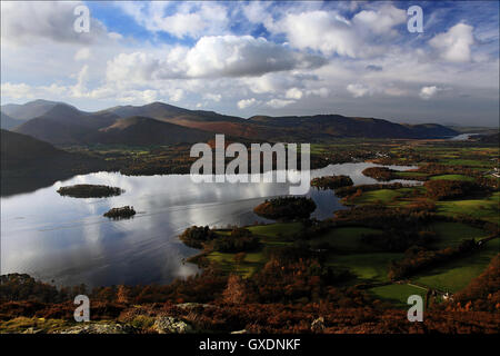 View over Derwentwater from Walla Crag as storm clouds blow in Stock Photo