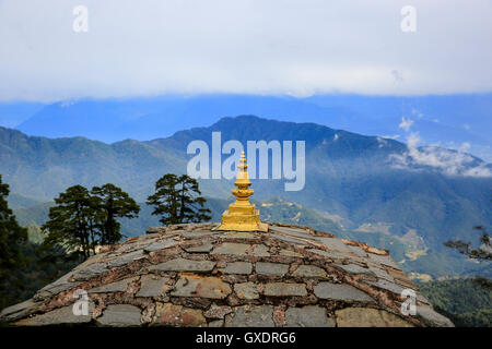 View of Dochula Pass, on the way from Thimphu to Punaka, overlooking the Himalayas, is a concentration of 108 chortens (stupas) Stock Photo